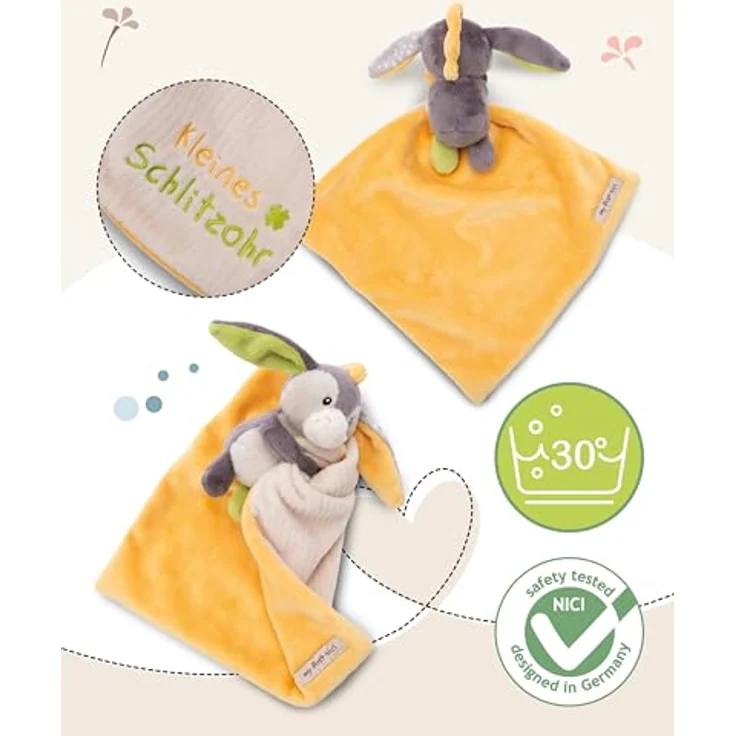 NICI Schmusetuch Baby 22 x 22 cm mit Kuscheltier Esel - Flauschiges Schnuffeltuch für Mädchen & Jungen, Baby Geschenk zur Geburt, Mit gesticktem Schriftzug "Kleines Schlitzohr" - 49751 – Bild 3
