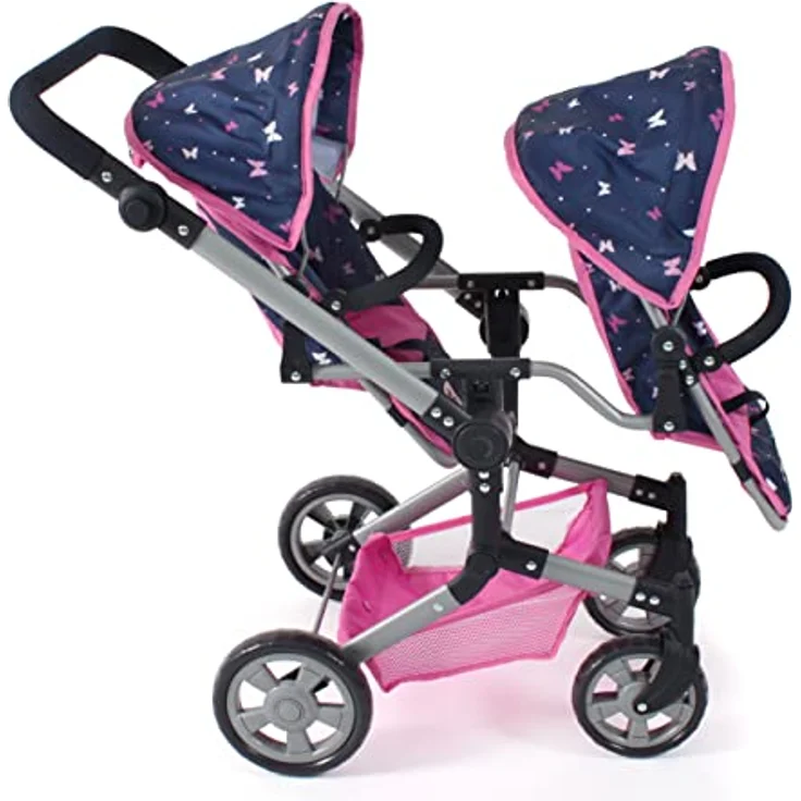 Bayer Chic 2000 - Puppenwagen Linus Duo, Zwillingspuppenwagen für Kinder von 4 bis 8 Jahren, Butterfly, Navy-pink, 690-33 – Bild 2