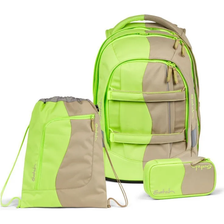 Satch Schulrucksack Pack (3tlg., inkl. Schlamperbox und Sportbeutel) Lime/Neon/Beige, Ergonomischer Schulrucksack mit 30 Liter Fassungsvermögen