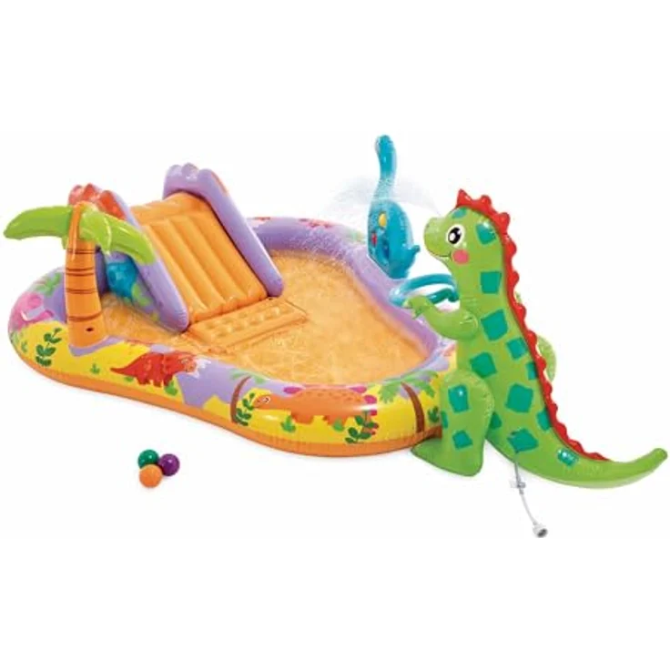 Intex Dino Park Wasserspielzentrum, aufblasbarer Dinosaurier mit Rutsche und Wassersprüher, 201 x 157 x 69 cm, für Kinder ab 2 Jahren, max. 54 kg, inkl. 6 Bälle – Bild 1