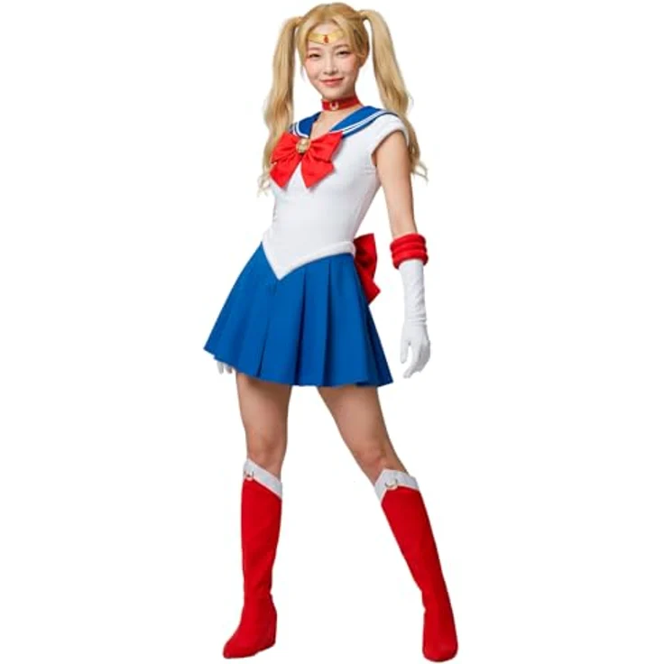 Metamorph Sailor Moon Kostüm (M), Schulmädchenlook mit grosser Schleife, inklusive Handschuhe, Halsband, Diadem und Stiefelstulpen – Bild 1