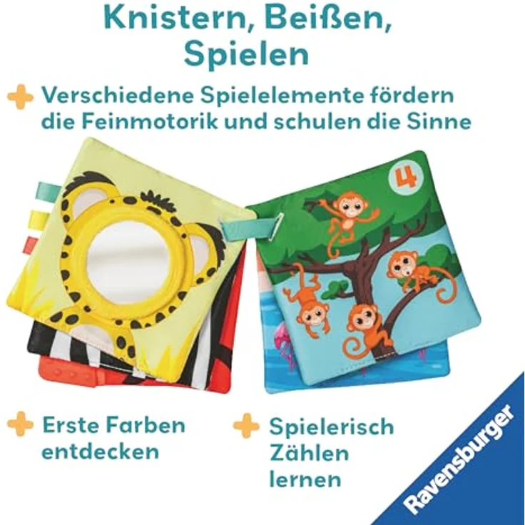 Ravensburger Greifspielzeug Play+ Mein allererstes Spielbuch: Farbenfrohes Stoffbuch zur Förderung von Zahlen und Farben für Babys ab 6 Monaten – Bild 4