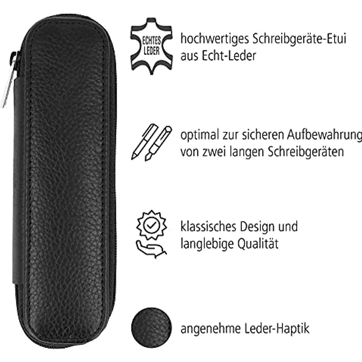 ONLINE Lederetui für 2 lange Schreibgeräte I Schwarzes Stifteetui mit Reißverschluss & 2 Innen-Laschen I Echtleder I Kugelschreiber-Etui, Füller-Etui, Schreib-Etui I 15,5x 5x 2,2 cm I Für alle Marken – Bild 2