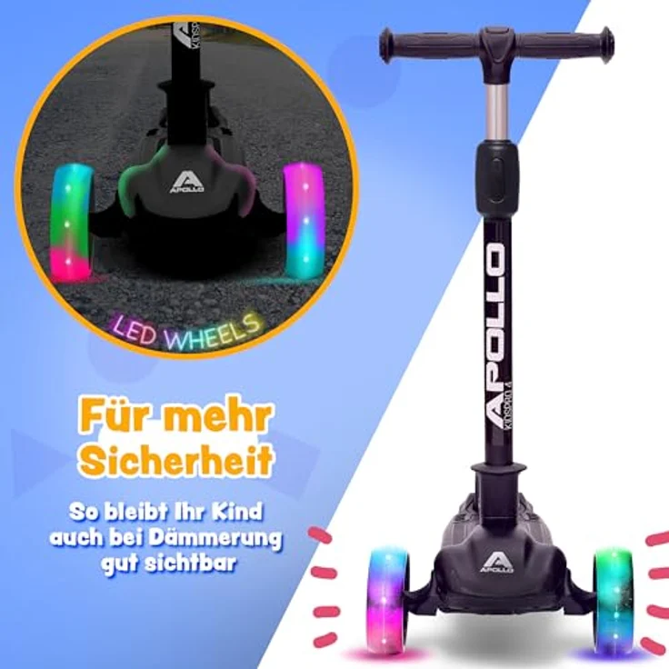 Apollo Kinderscooter KidsPro4 LED Roller - Schwarz, höhenverstellbar, mit leuchtenden LED-Rollen, belastbar bis 60 kg – Bild 4