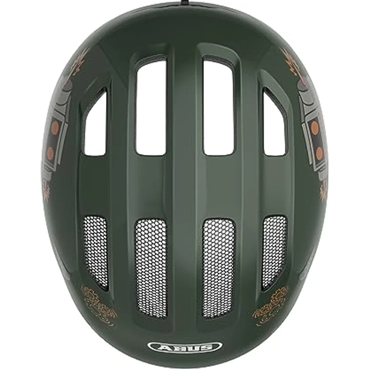 ABUS Kinderhelm Smiley 3.0 - Fahrradhelm mit tiefer Passform, kindergerechten Designs & Platz für einen Zopf - für Mädchen und Jungs - Grün mit Roboter-Muster, Größe S – Bild 4