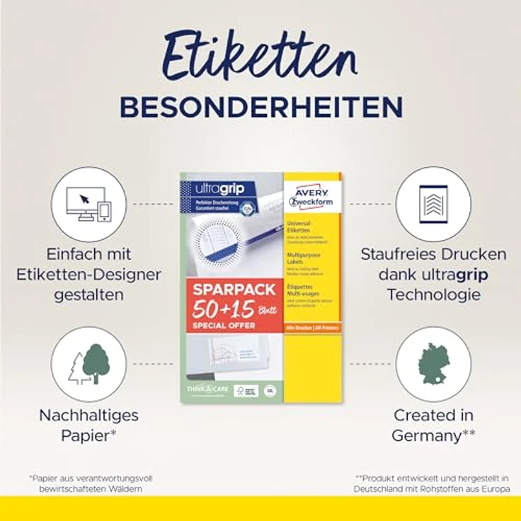 AVERY Zweckform 6121-65 Universal Etiketten (3.250 plus 975 Klebeetiketten extra, 38x21,2mm, weiß) - Selbstklebende Aufkleber mit ultragrip, 65 Blatt – Bild 2