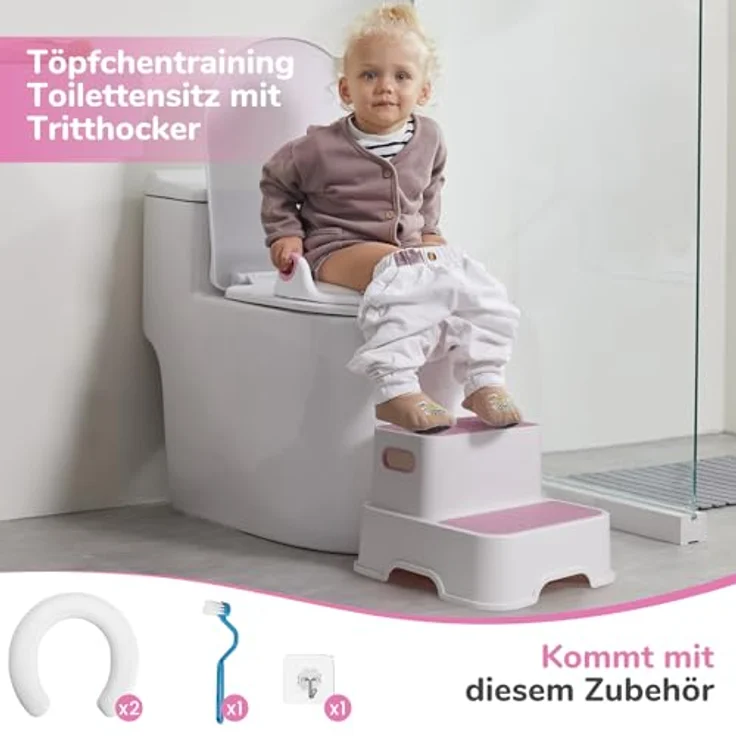 DEANIC Toilettensitz für Kinder mit Tritthocker und 2 Stufen Hocker, bequem mit Spritzschutz, rosa – Bild 2