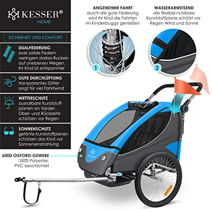 KESSER® Cruiser Kinderanhänger Fahrradanhänger 360° Drehbar mit Federung 2in1 Joggerfunktion Kinderfahrradanhänger + 5-Punkt Gurt Jogger Fahrrad Anhänger für 1 bis 2 Kinder max. 40kg Blau – Bild 4