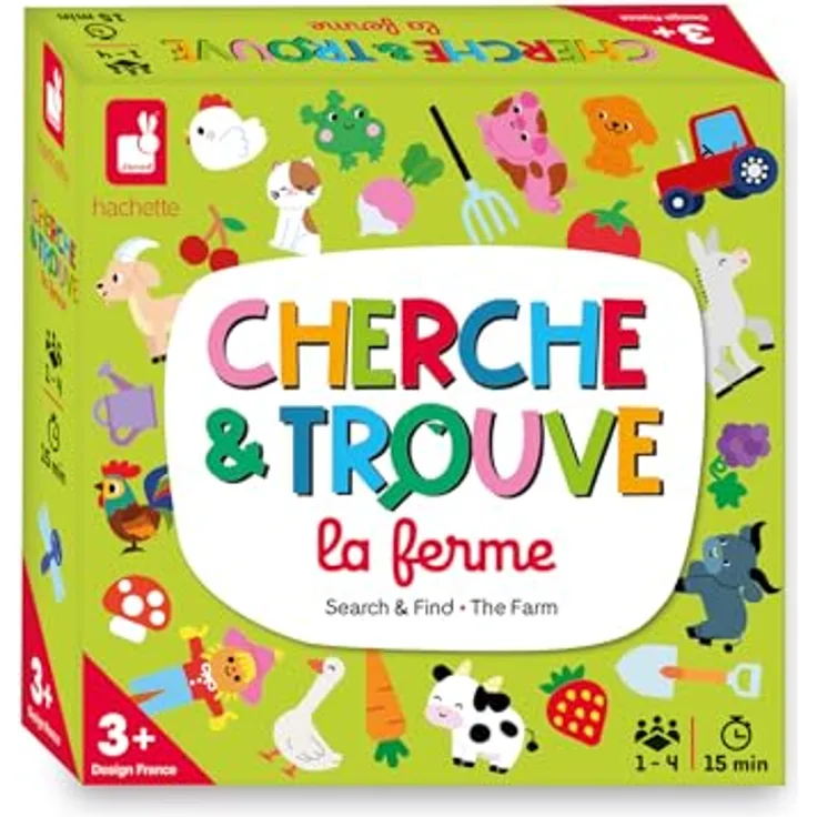 Janod Mein erstes Such- und Finde-Tierspiel, Beobachtungsspiel für 1-4 Spieler, ab 3 Jahren, 4 beidseitig bedruckte Kartonteile, inklusive 20 Karten und Holz-Würfel, J02455