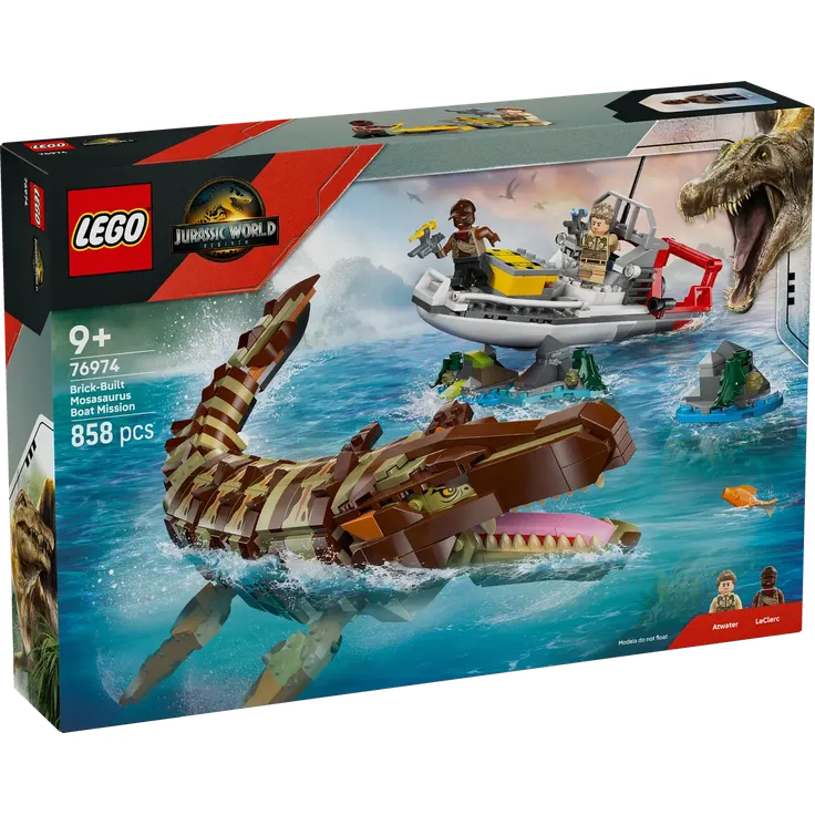LEGO Jurassic World 76974 - Mosasaurier: Die Bootmission, 858 Teile, ab 9 Jahren, beweglicher Dino mit aufklappbarem Maul und detailreichem Boot
