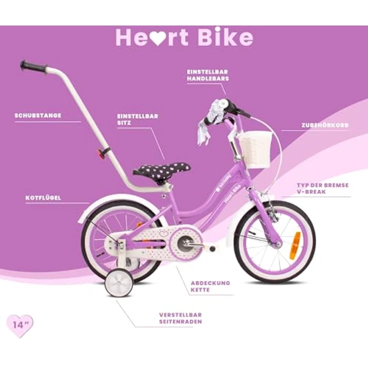 sun baby Mädchenfahrrad 14 Zoll Radgröße Heart Bike mit Abnehmbarer Schubstange (Violett, 14 Zoll) – Bild 5