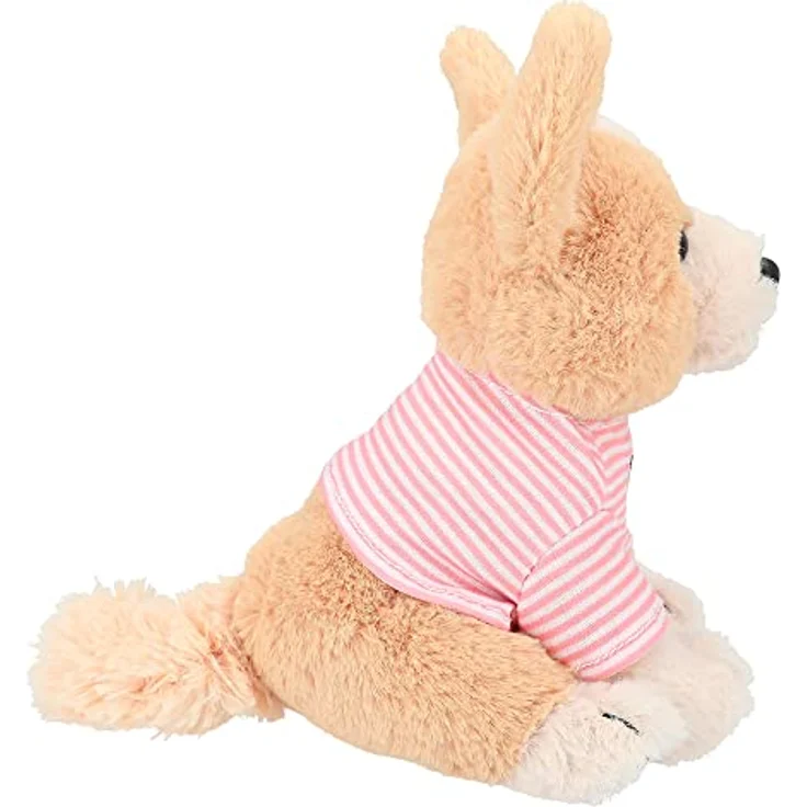 Depesche 12078 TOPModel - Kuscheltier Corgi Lotti mit hellbraunem Fell und rosa gestreiftem T-Shirt, ca. 18 cm großer Plüschhund – Bild 3