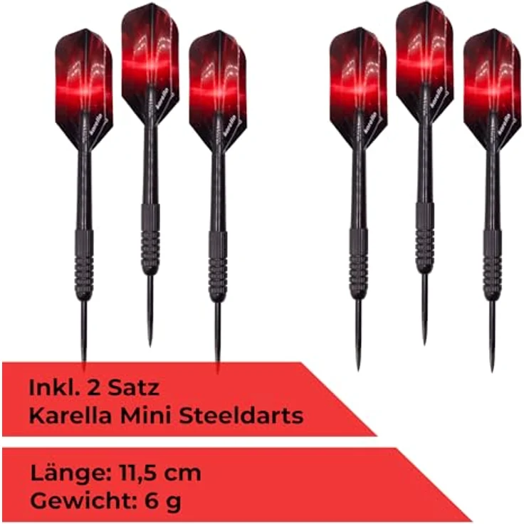 Karella Mini Dartboard Bulli, Miniatur Dartscheibe Ø 15 cm mit verstellbarem Metallständer, inkl. 6 schwarzen Steeldarts, für Zuhause, Schreibtisch, Deko, Geschenk – Bild 4