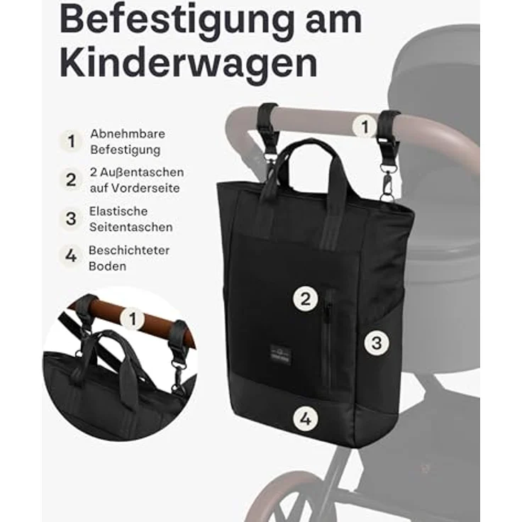 Johnny Urban Blair, Wickelrucksack & Wickeltasche für Kinderwagen, schwarz, 16 Liter Volumen, wasserabweisend, mit vielen Fächern & Flaschenhalter – Bild 3