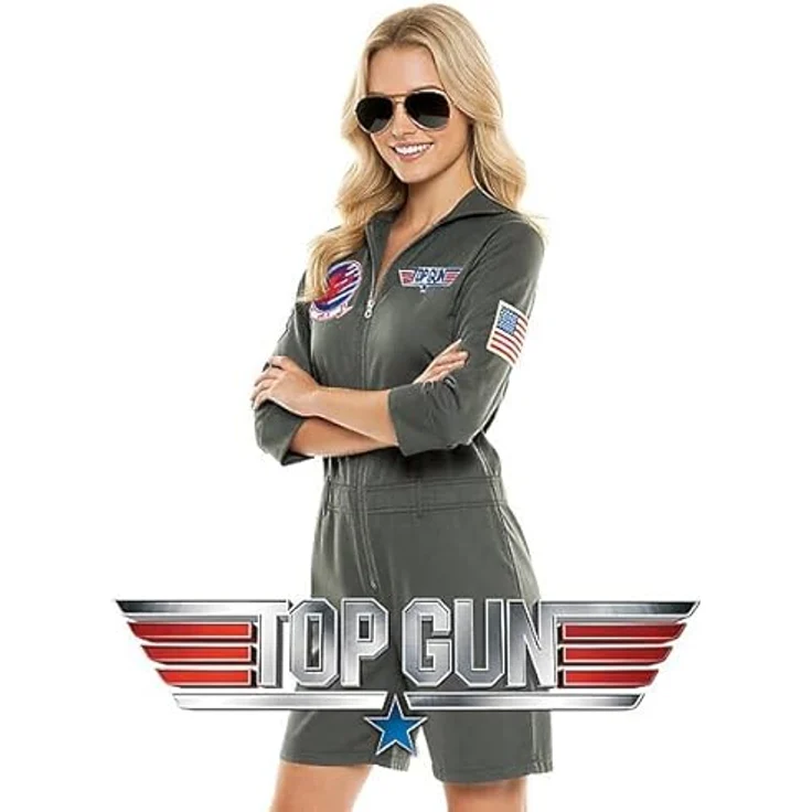 Maskworld Top Gun Kostüm für Damen, Olivgrüner Playsuit mit Patches, Größe XL – Lizenziertes Piloten-Outfit für Karneval & 80er Mottopartys – Bild 2