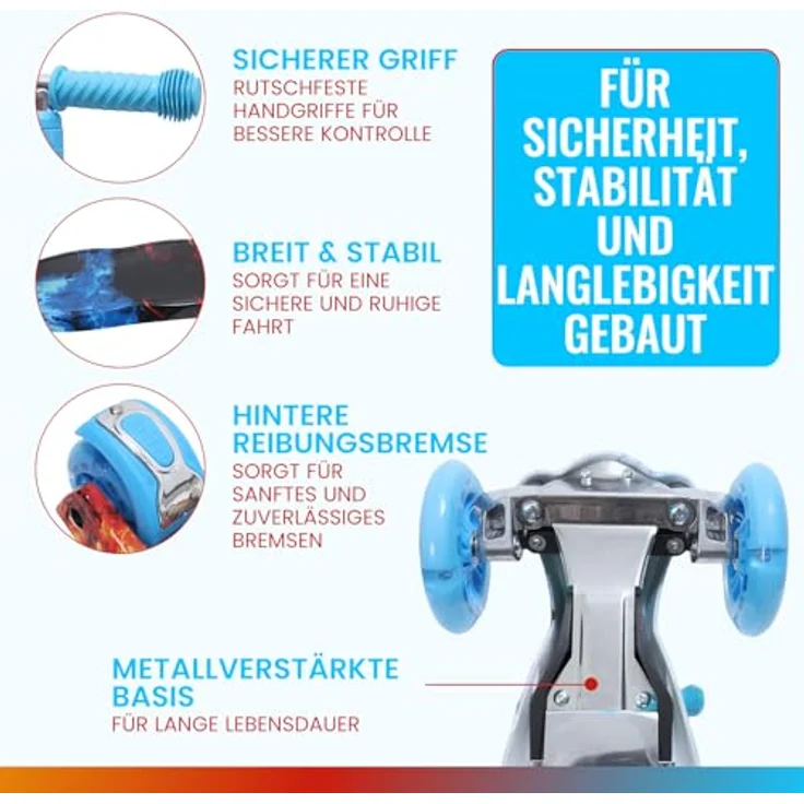 Europebazar Habib Kinderroller Metall-Roller 3-Rad mit verstellbarem Lenker, LED Licht, klappbar, bis 50kg, Blau – Bild 2