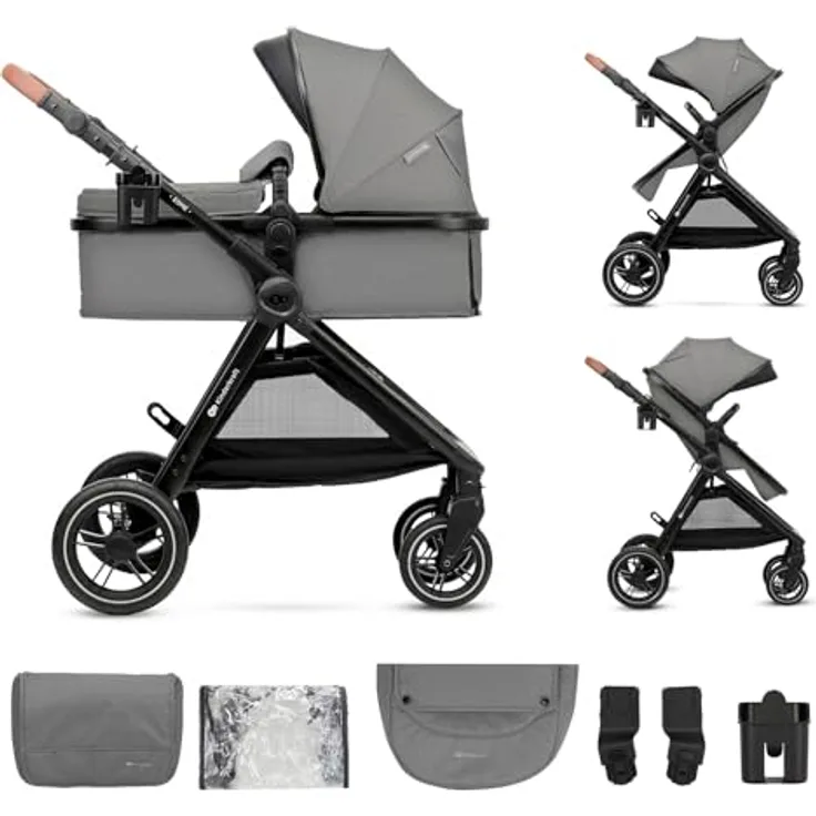 Kinderkraft ESME 2-in-1 Kinderwagen, Babywanne & Sportsitz bis 25 kg, Travel System mit Adaptern, große gefederte TPE-Räder, kompakt faltbar, Grau