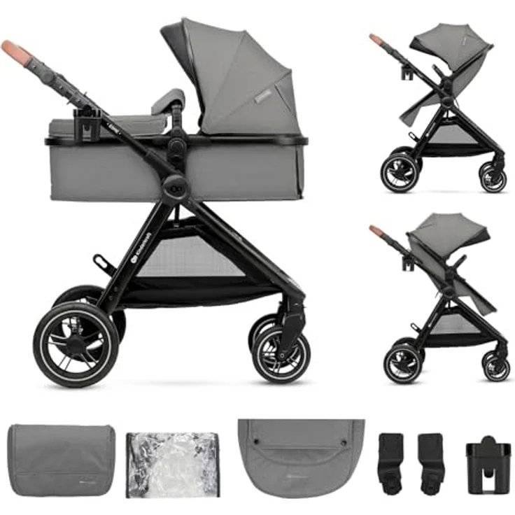 Kinderkraft ESME 2-in-1 Kinderwagen, Babywanne & Sportsitz bis 25 kg, Travel System mit Adaptern, große gefederte TPE-Räder, kompakt faltbar, Grau – Bild 1