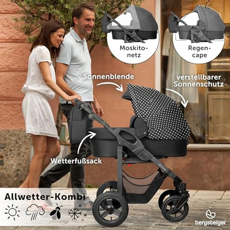 Bergsteiger Capri Kombikinderwagen 3-in-1, Babywanne, Sportsitz & i-Size Babyschale, Luftreifen, Federung, höhenverstellbarer Griff, faltbar, Zubehör – Bild 5