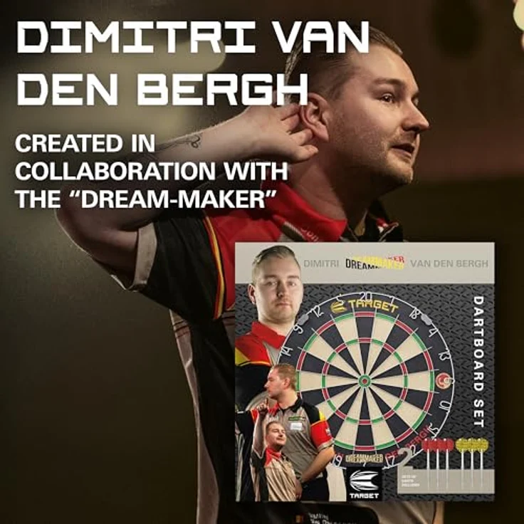 Target Darts Dimitri Van den Bergh Dartboard Set | Spieler-Edition mit 2 Steel-Dart-Sets, Wettkampfstandard Wurflinie, selbstheilendes Sisal-Dartboard – Bild 2