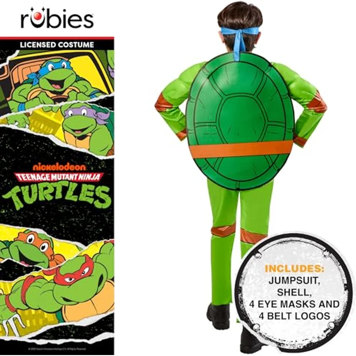 Rubies TMNT 4-in-1-Kostüm für Kinder, 134-140 cm, Leonardo/Donatello/Raphael/Michelangelo, mit farbigen Masken und Gürtel – Bild 2
