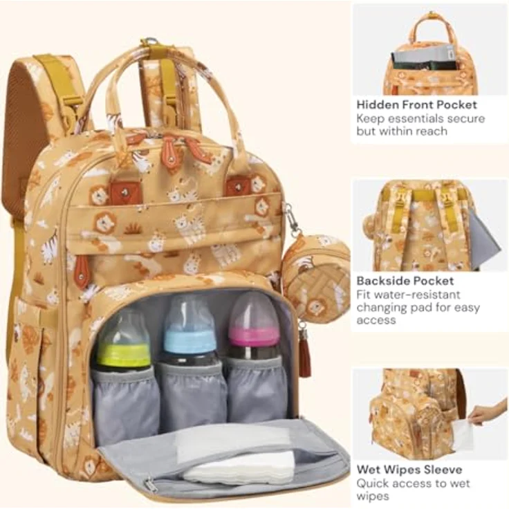 BabbleRoo Wickeltasche Rucksack, multifunktional, wasserdicht, 26L, mit Wickelunterlage und Kinderwagengurten, Safari-Design – Bild 5