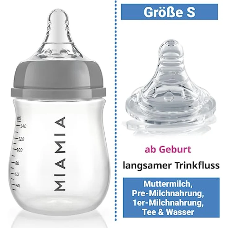 MiaMia Babyflasche PP-Flasche - Grau, 3er Pack Babyflasche 140 ml + Silikon-Trinksauger Größe S – Bild 4