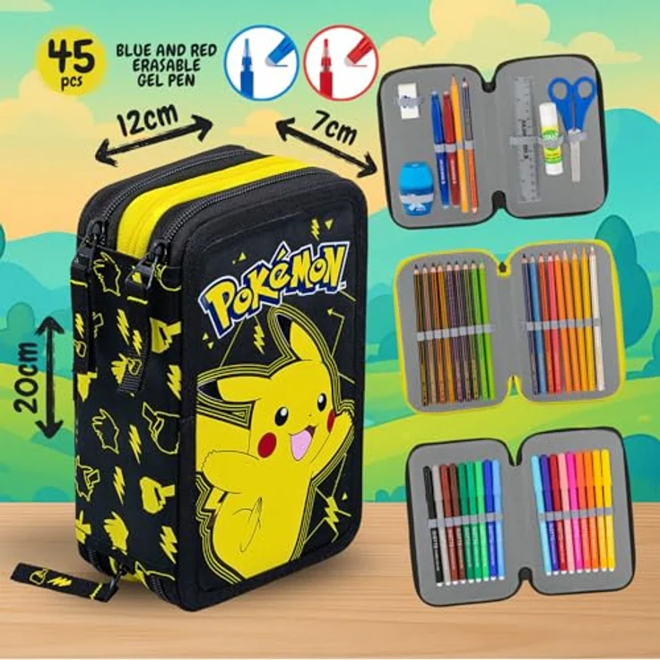 Clondo 3-Fach Federmäppchen für Pokemon Fans, 45-teilig mit 2 löschbaren Gelstiften, Schere, Kleber, Buntstiften, Schwarz und Gelb, ideal für Schule & Geschenke – Bild 2