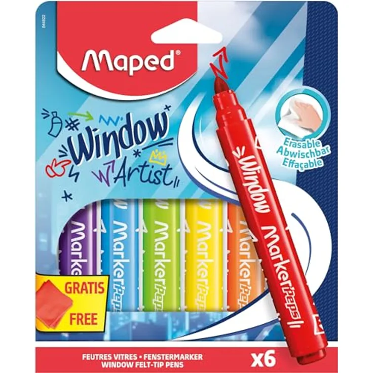Maped - Fenstermarker MARKER'PEPS WINDOW - abwischbarer Glasmarker, breite 5 mm Spitze, inkl. Mikrofasertuch - rot, gelb, grün, blau, orange, lila