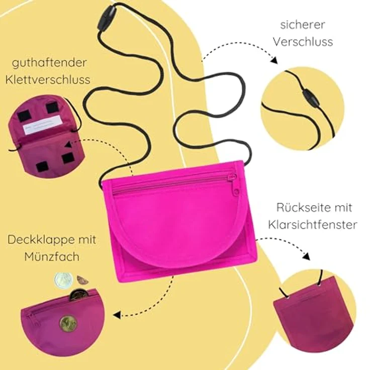 minimutz Kinder Geldbeutel, Geldbörse zum Umhängen mit Sichtfenster für Busausweis, Brustbeutel zum Schulanfang, pink – Bild 4