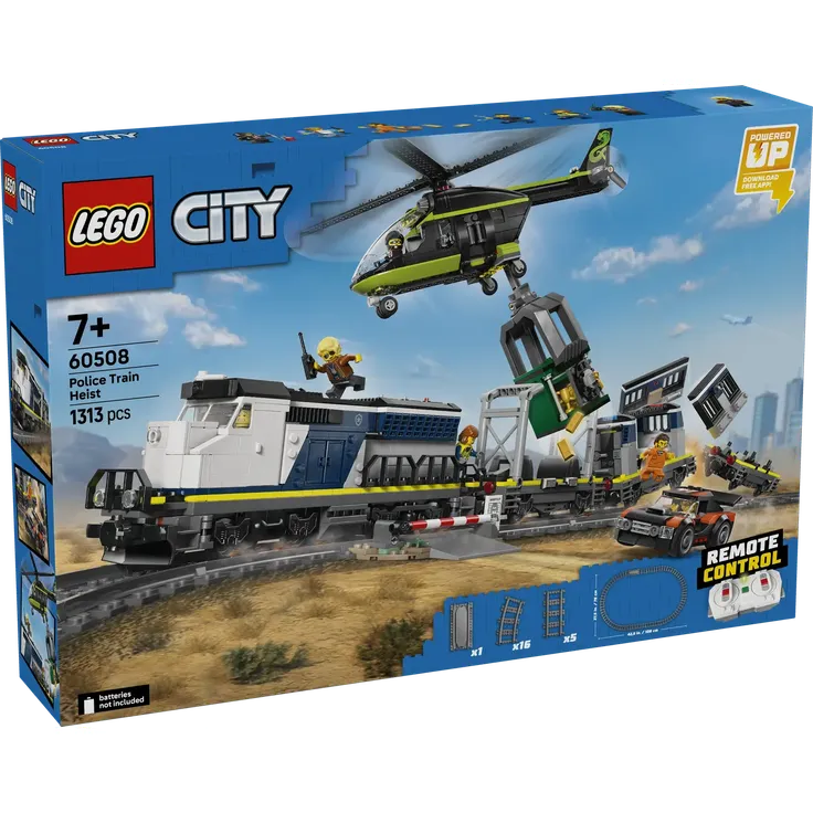 LEGO City Überfall auf den Polizeizug (60508), 1.313-teiliges Eisenbahn-Set mit motorisiertem Zug und Helikopter, ab 7 Jahren