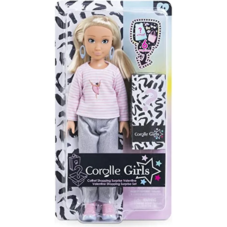 Corolle 9000600070 Girls Valentine Shopping Surprise, Ankleidepuppe mit Ohrringen und 6 Überraschungen, Vanilleduft, 28cm, ab 4 Jahre, Mehrfarbig