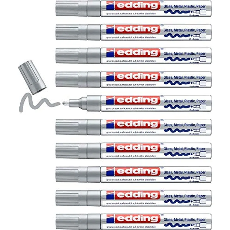 edding 750 Glanzlackmarker, silber, 10 Lackmarker mit Rundspitze 2-4 mm, wasserfest und stark deckend für Glas, Stein, Holz, Kunststoff und Papier – Bild 1