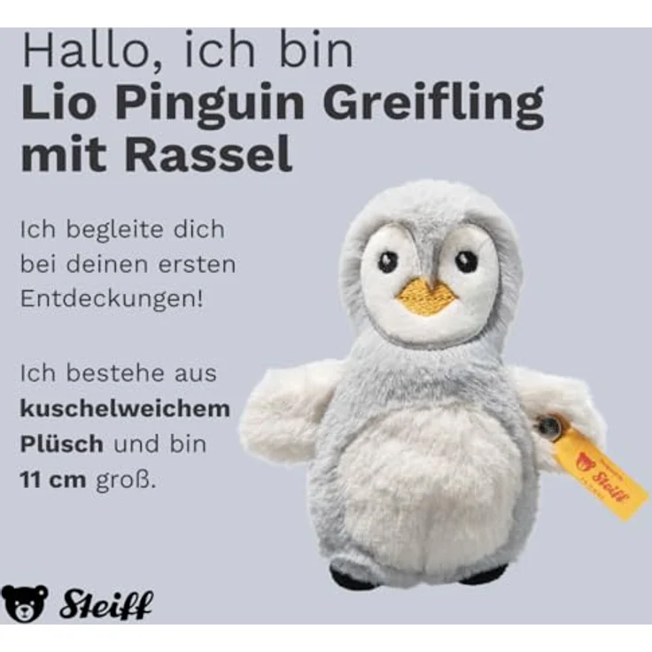 Steiff Kuscheltier Pinguin Greifling Rassel, 11 cm, weicher Plüsch in Grau und Cremeweiß, mit Edelstahl Knopf im Ohr – Bild 2
