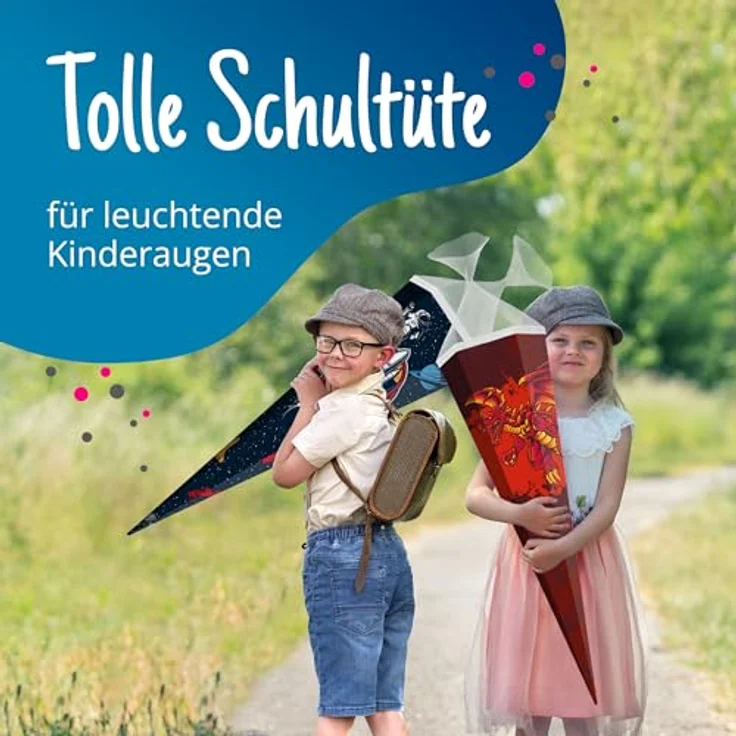 itenga Motiv Schultüte 85cm für Jungen, eckig mit Tüllverschluss, stabile Zuckertüte mit Dinosaurier, Traktor, Rennauto, Feuerwehr, Polizei, Fußball (Drache) – Bild 4