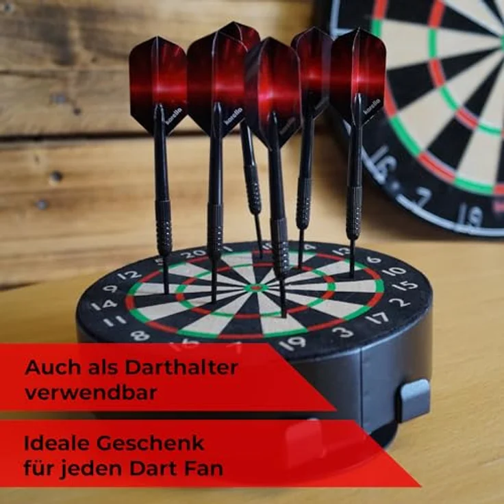 Karella Mini Dartboard Bulli, Miniatur Dartscheibe Ø 15 cm mit verstellbarem Metallständer, inkl. 6 schwarzen Steeldarts, für Zuhause, Schreibtisch, Deko, Geschenk – Bild 3