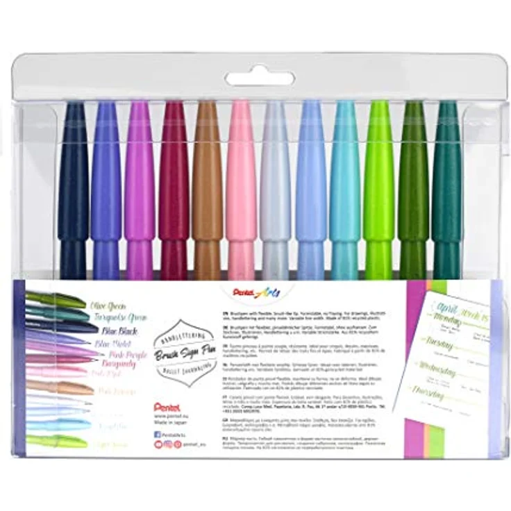 Pentel SES15C-12 Brush Sign Pen, Faserschreiber, pinselähnliche Spitze, 12 Stück, farblich sortiert – Bild 2