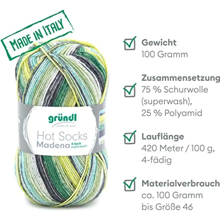 Gründl Hot Socks Madena (Sockenwolle aus 75% Schurwolle (superwash) und 25% Polyamid, Made in Italy, 4-fach Sockengarn, 100 g / 420 m, Nadelstärke: 2,5 mm - 3 mm, 1 x 100 g), neprun-color – Bild 2