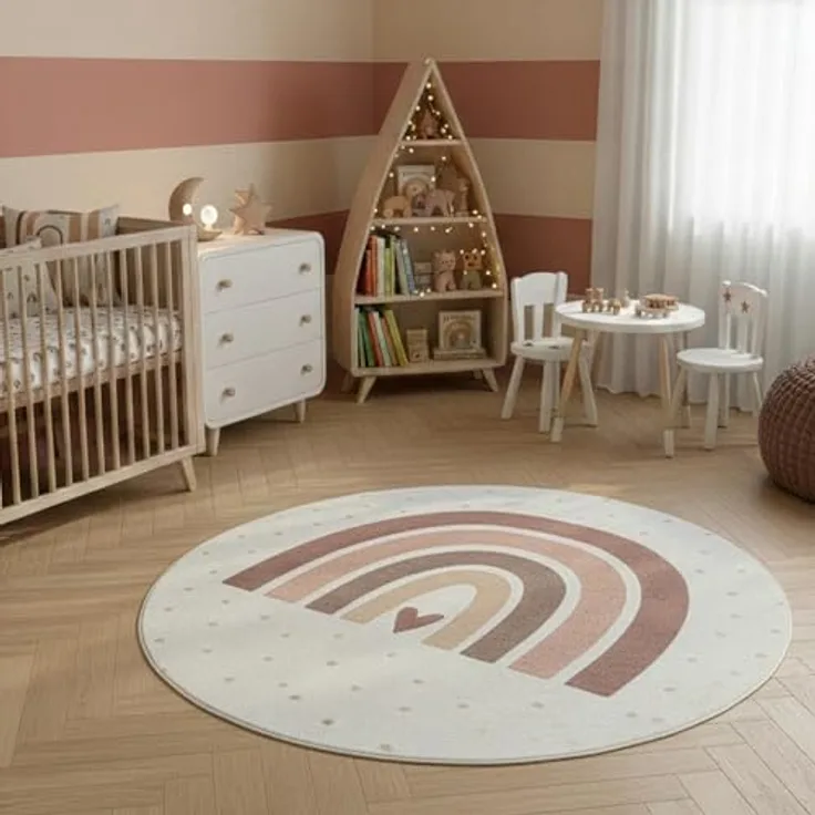 SIMPEX Kinderteppich Regenbogen, Spielteppich rund 120 cm in Creme mit Herz Motiv, rutschfest und maschinenwaschbar