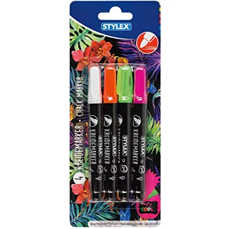 Stylex 32781 - Kreidemarker, 4 Kreidestifte in weiß, orange, grün und pink, Strichstärke 1-3 mm, zum Beschriften von glatten Oberflächen wie Glas, Spiegel, Tafeln