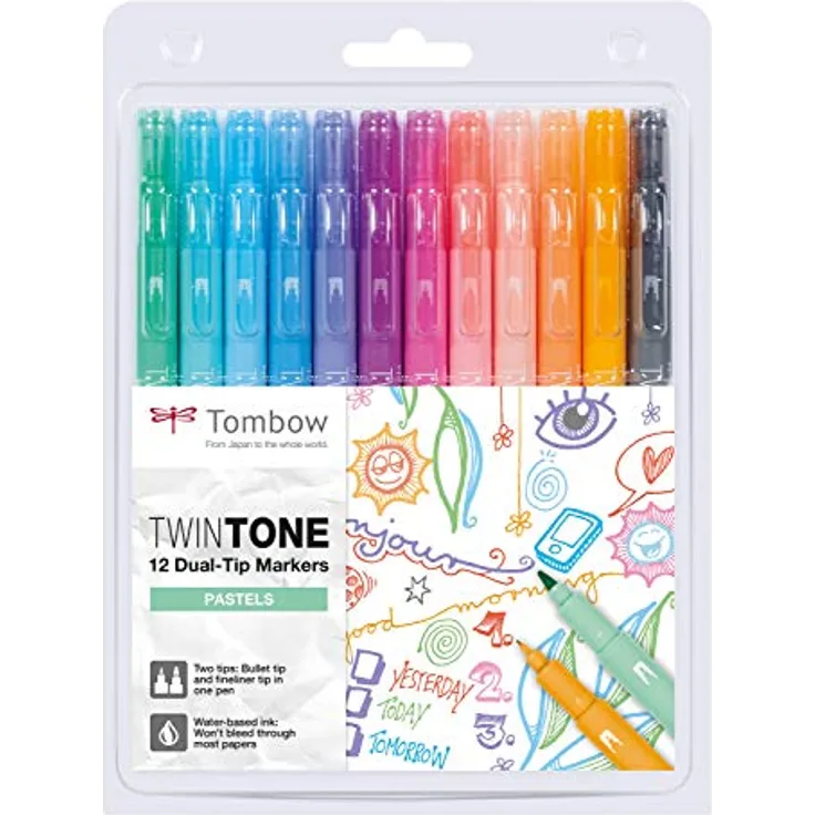 Tombow WS-PK-12P-2 Twintone Marker Set 12-Pack, Dual-Tip, Pastel, bunt, Filzstifte mit zwei Spitzen, wasserbasierte Farben, ideal für Journaling und Lettering