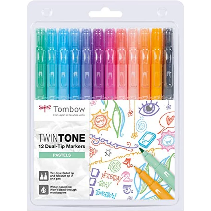 Tombow WS-PK-12P-2 Twintone Marker Set 12-Pack, Dual-Tip, Pastel, bunt, Filzstifte mit zwei Spitzen, wasserbasierte Farben, ideal für Journaling und Lettering – Bild 1