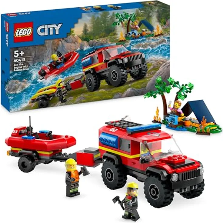 LEGO 60412 City Feuerwehrgeländewagen mit Rettungsboot, Offroad-Auto-Spielzeug für Kinder ab 5 Jahren, Rettungswagen mit Schlauchboot, Anhänger, Zelt und 3 Minifiguren, Geschenk für Jungs und Mädchen