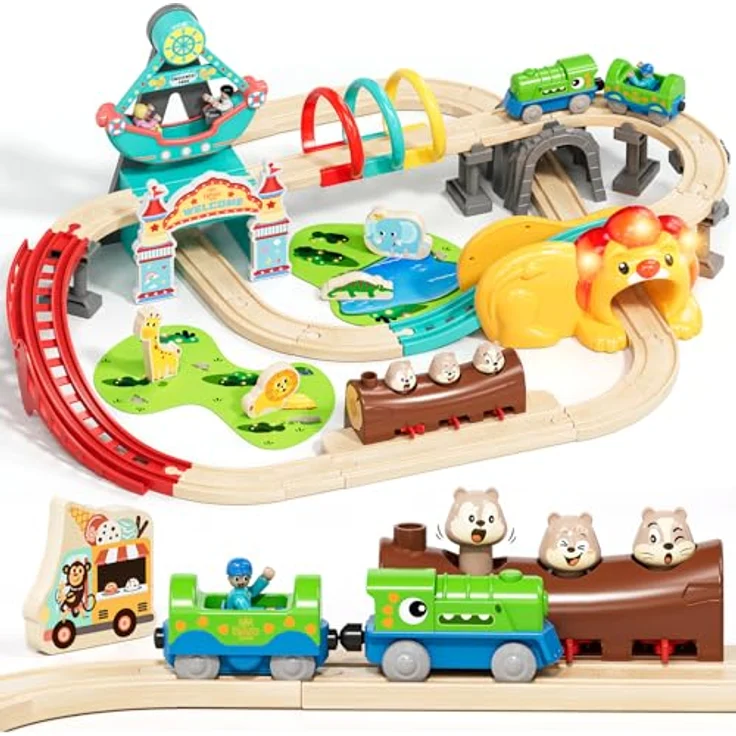 Lehoo Castle Holzeisenbahn Dinosaurier-Lok mit Licht und Musik, Freizeitpark-Set ab 3 Jahre, kompatibel mit gängigen Holzsystemen – Bild 1