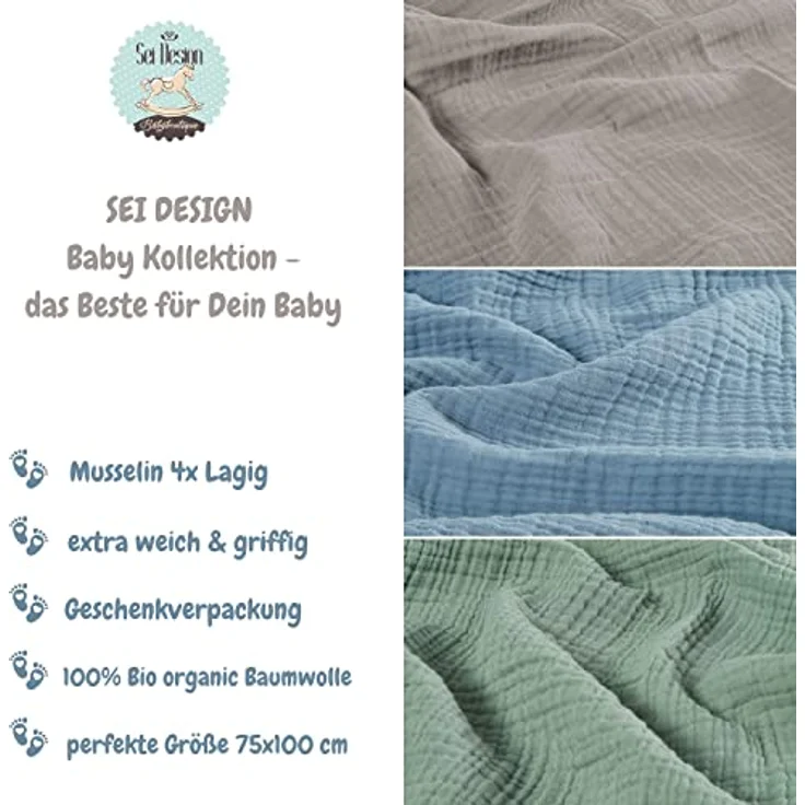 sei Design 4fach Musselin Pucktuch - Babydecke - Mulltuch oder Mullwindel als 3-Pack 80x80 – Bild 4
