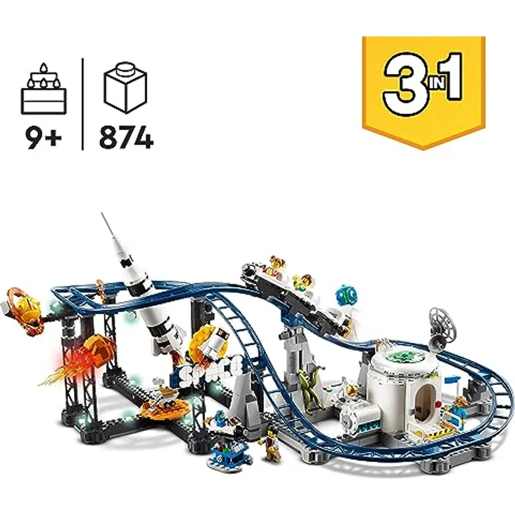 LEGO 31142 Creator 3-in-1 Weltraum-Achterbahn, Bausatz Einer Spielzeug-Kirmes mit funktionierenden Wägen, umbaubar in frei fallenden Fallturm oder Karussell mit Raketen und leuchtenden Steinen – Bild 2