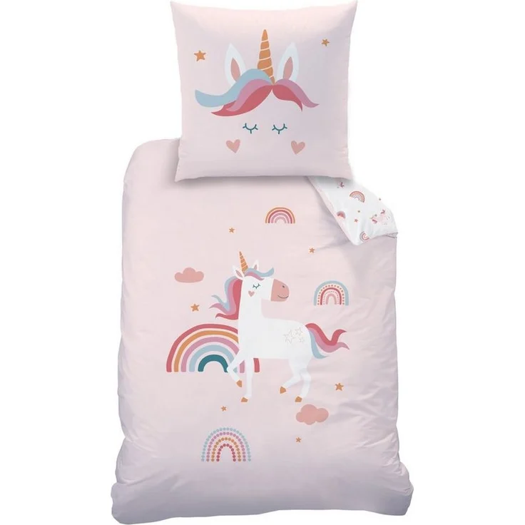 MTOnlinehandel Bettwäsche Einhorn 135x200 + 80x80 cm (Unicorn), 100% Baumwolle, 2 teilig, Mädchen-Bettwäsche Magic Tale, Regenbogen, Sterne und Wolken – Bild 1