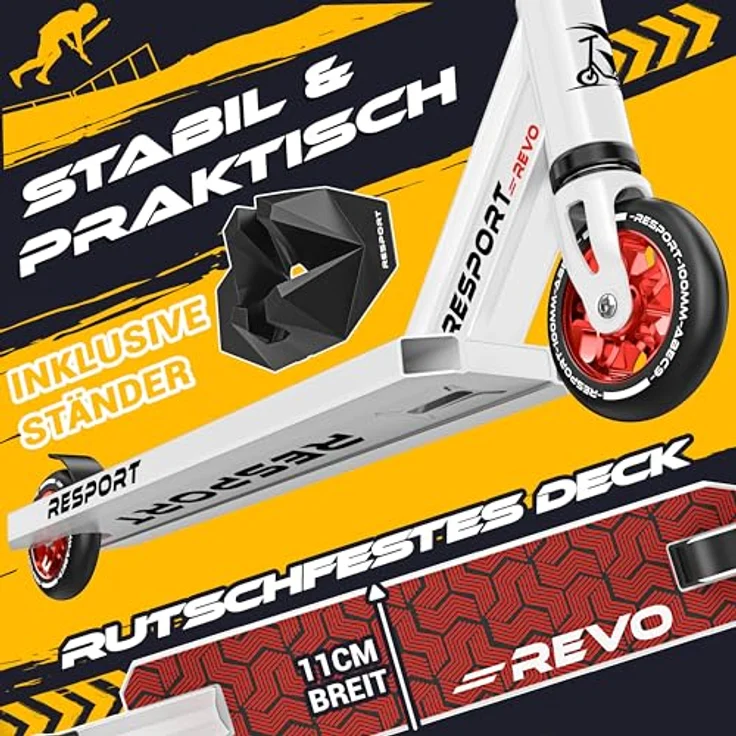 RE:SPORT REVO Stunt Scooter, Profi Kickscooter mit ABEC 9 Kugellagern, 100mm PU Rädern, ergonomischen Griffen und Ständer, für Kinder & Erwachsene – Bild 3