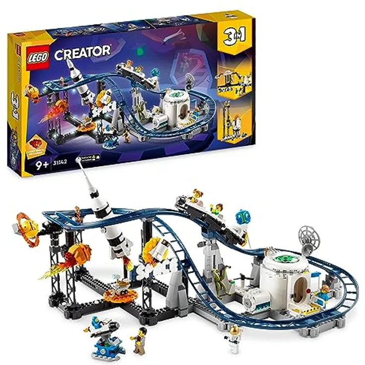 LEGO 31142 Creator 3-in-1 Weltraum-Achterbahn, Bausatz Einer Spielzeug-Kirmes mit funktionierenden Wägen, umbaubar in frei fallenden Fallturm oder Karussell mit Raketen und leuchtenden Steinen