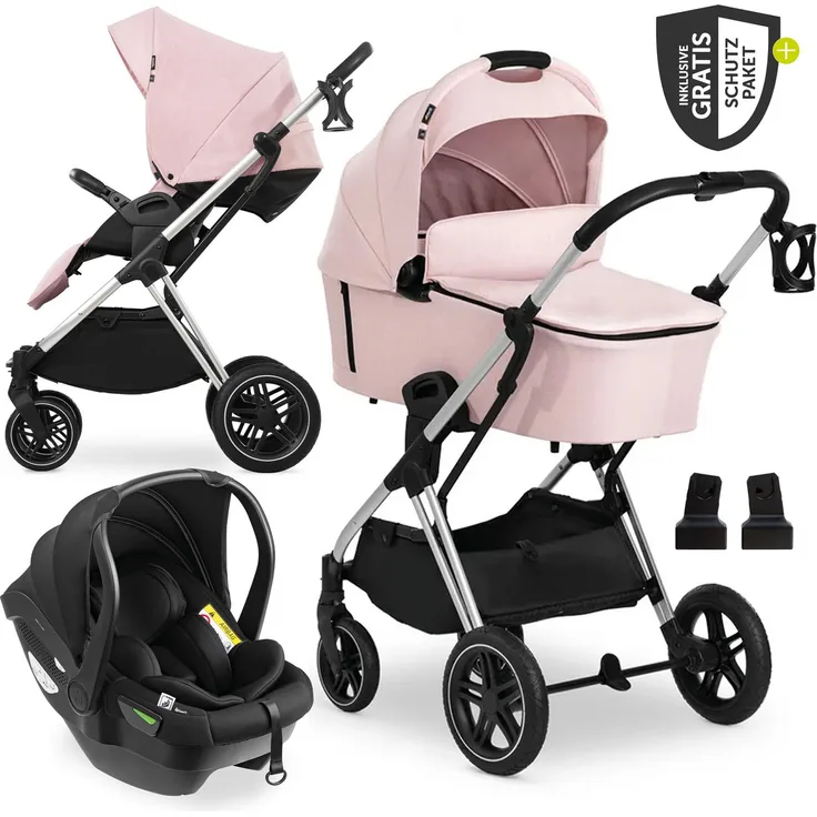 Hauck 3in1 Kinderwagen-Set Vision X Trio Set Black, inkl. i-Size Babyschale Drive N Care & XXL Zubehörpaket - Melange Rose, mit UV-Schutz und praktischem Faltmechanismus